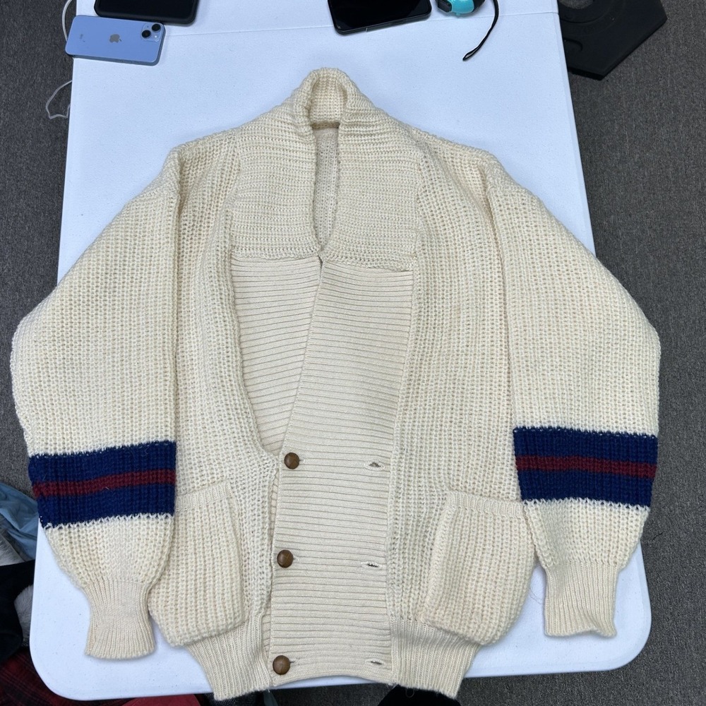 James River Traders Cardigan Mens L Cream Wool Shawl Collar Striped Vintage